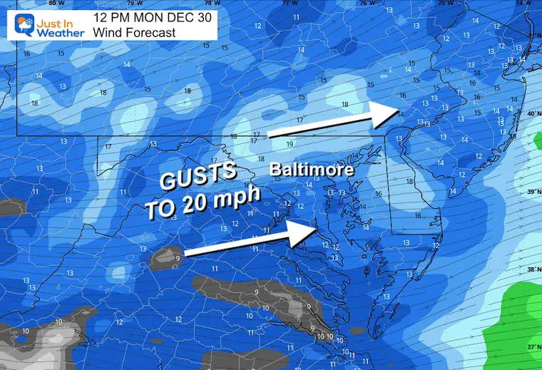 December 30 weather forecast wind Monday Noon