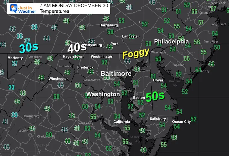 December 30 weather temperatures Monday morning