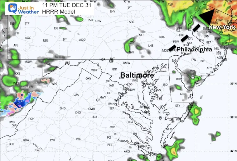 December 31 weather forecast radar New Years Eve 11 PM