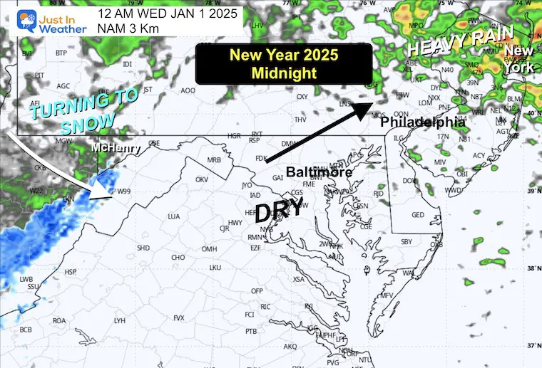 December 31 weather forecast radar rain New Years Midnight