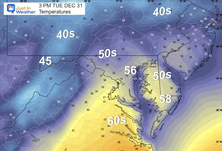 December 31 weather temperatures Tuesday afternoon