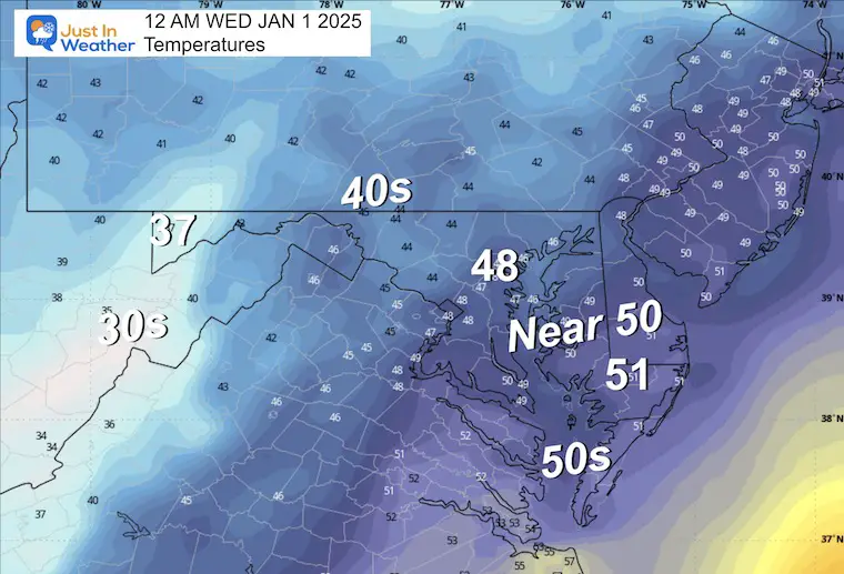 December 31 weather temperatures Midnight New Year 2025