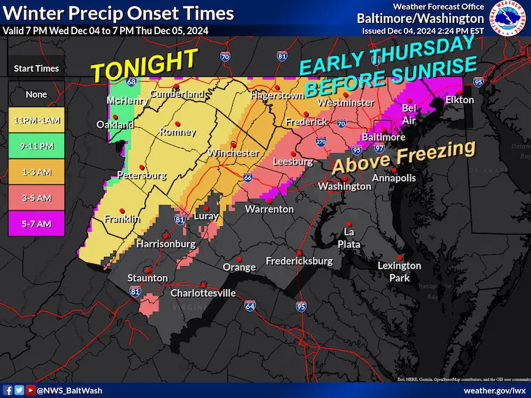 December 5 snow winter precipitation start time