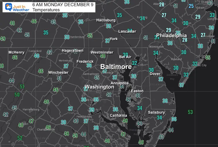 December 9 weather forecast temperatures Monday morning