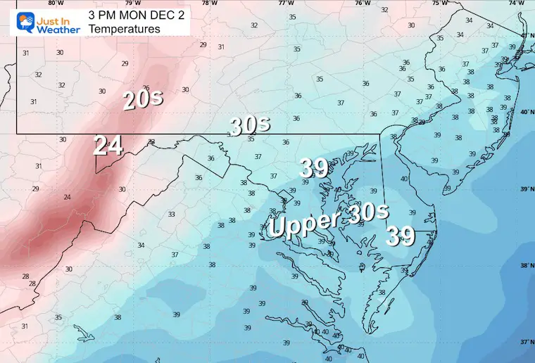 December 2 weather temperatures Monday afternoon