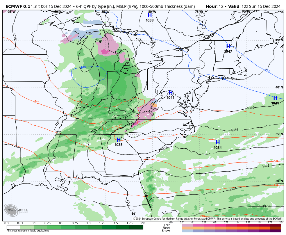 December 15 winter radar snow ice forecast Sunday ECMWF