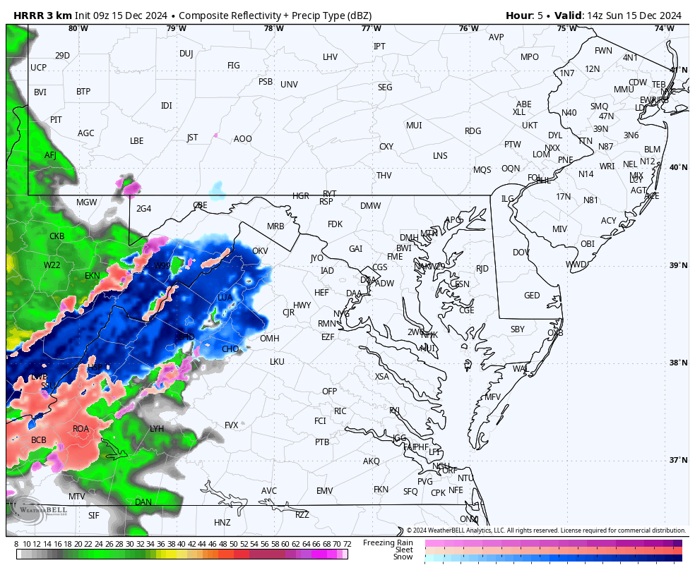 December 15 winter radar snow ice forecast Sunday
