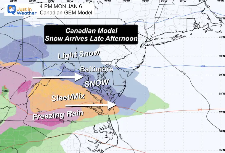 January 1 weather snow storm forecast Monday afternoon Canadian GEM Model