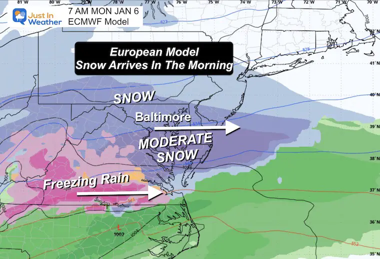January 1 weather snow storm forecast Monday Morning ECMWF Model