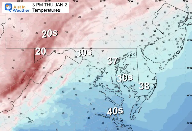 January 1 weather forecast temperatures Thursday afternoon