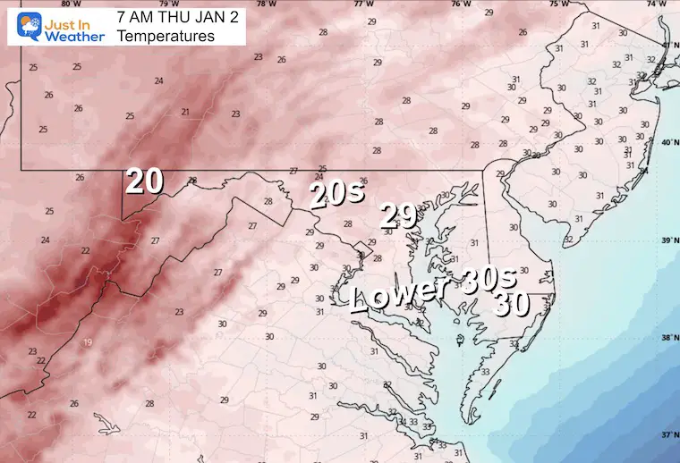 January 1 weather forecast temperatures Thursday morning