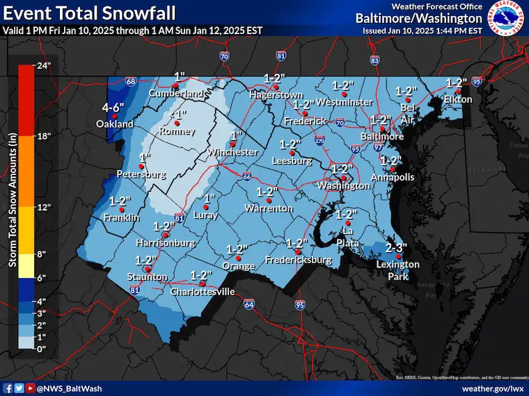 January 10 weather snow forecast National Weather Service Maryland Virginia