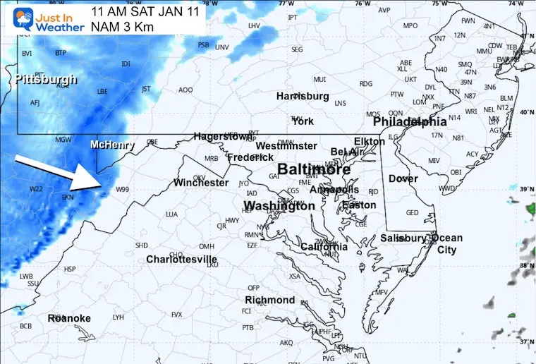 January 10 snow forecast radar Saturday morning 11 AM