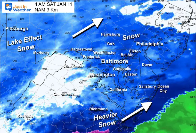 January 10 snow forecast radar Saturday morning 4 AM