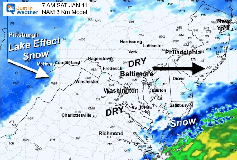 January 10 weather snow forecast radar Saturday morning 7 AM