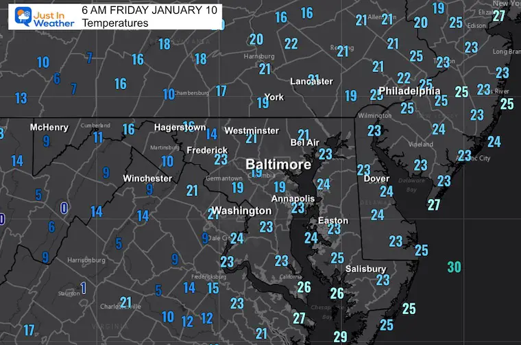 January 10 weather temperatures Friday morning