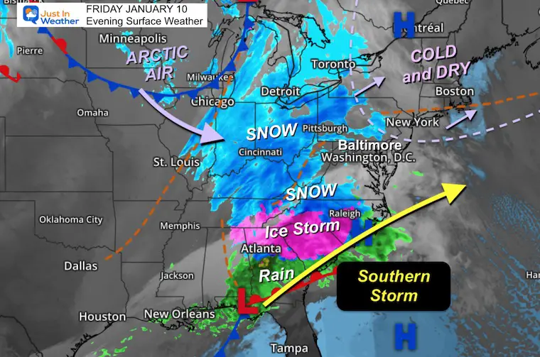 January 10 weather winter storm snow ice Friday evening