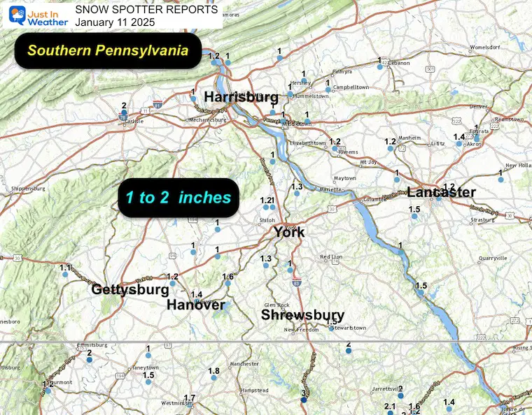 January 11 snow spotter reports Southern Pennsylvania