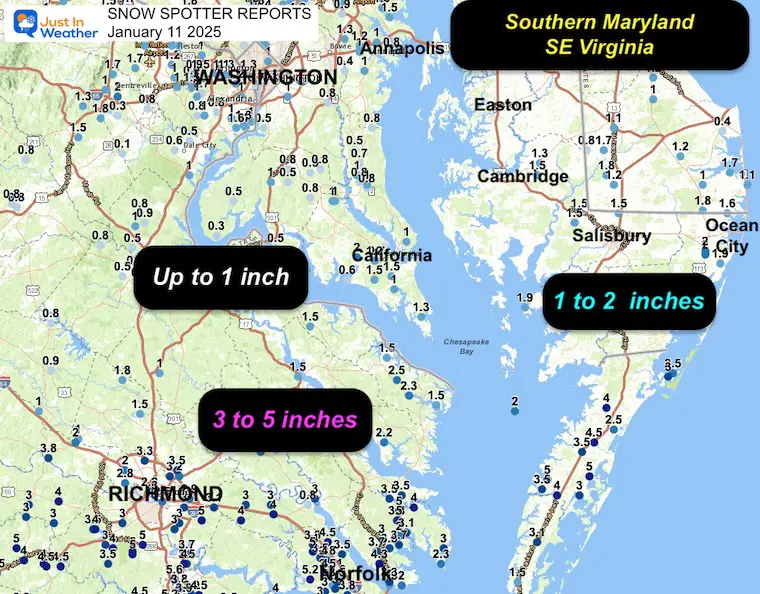 January 11 snow spotter reports Delmarva and Southeast Virginia