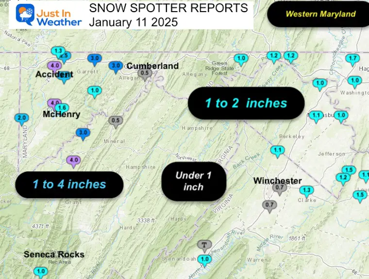 January 11 snow spotter reports Western Maryland