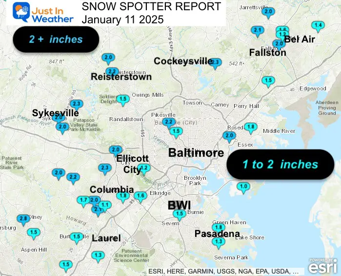 January 11 snow spotter reports Metro Baltimore Maryland