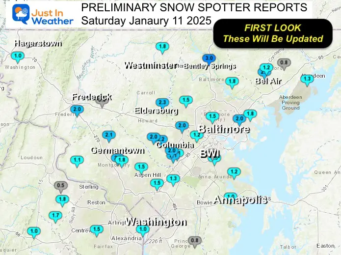 January 11 weather snow spotter reports Saturday morning