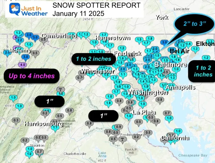 January 11 snow spotter reports Maryland Washington Baltimore Region