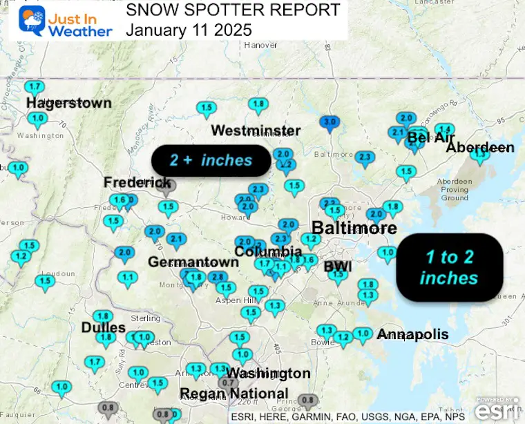 January 11 snow spotter reports Maryland and Virginia