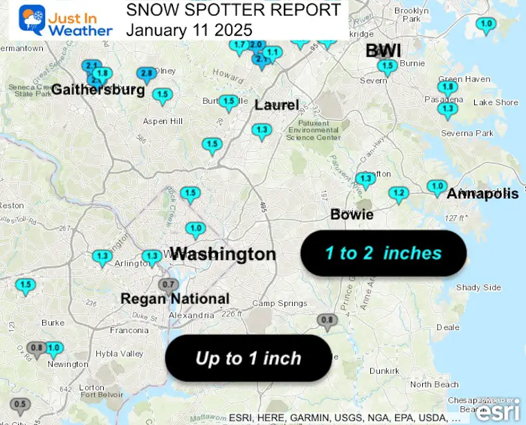 January 11 snow spotter reports Washington and Annapolis