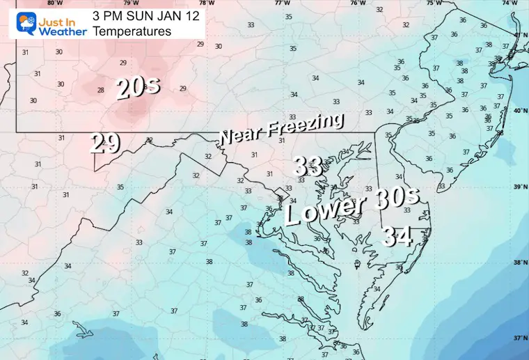 Jan 11 weather temperatures Sunday afternoon