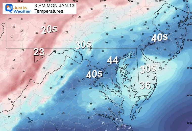 January 13 weather temperatures Monday afternoon