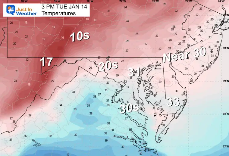 January 13 weather temperatures Tuesday afternoon