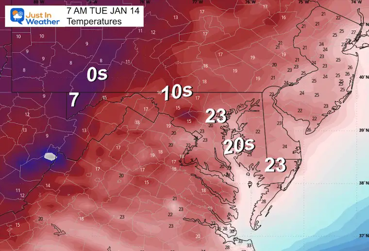 January 13 weather temperatures Tuesday morning