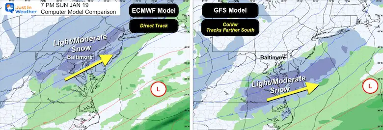 January 14 weather snow Sunday night model comparison