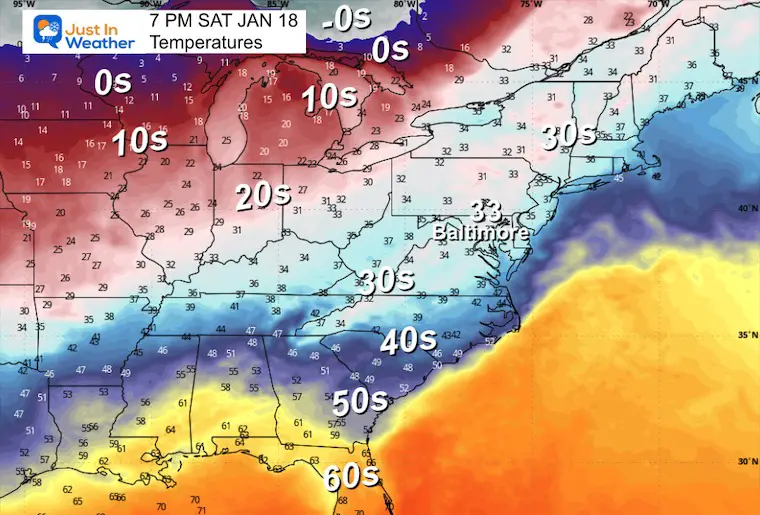 January 14 weather temperatures Saturday night