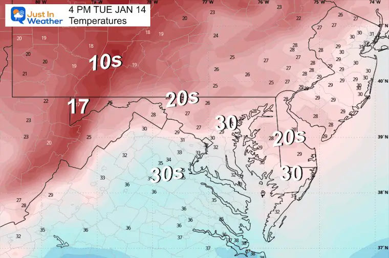 January 14 weather temperatures Tuesday afternoon