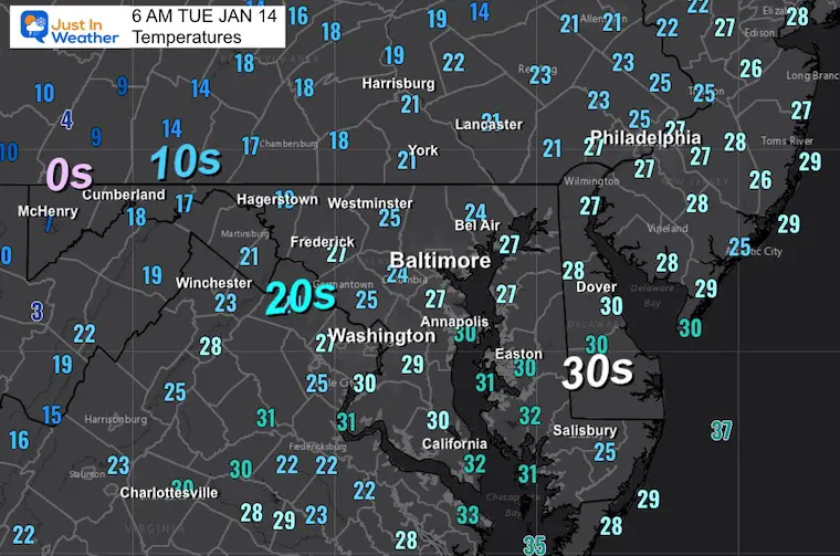 January 14 weather temperatures Tuesday morning