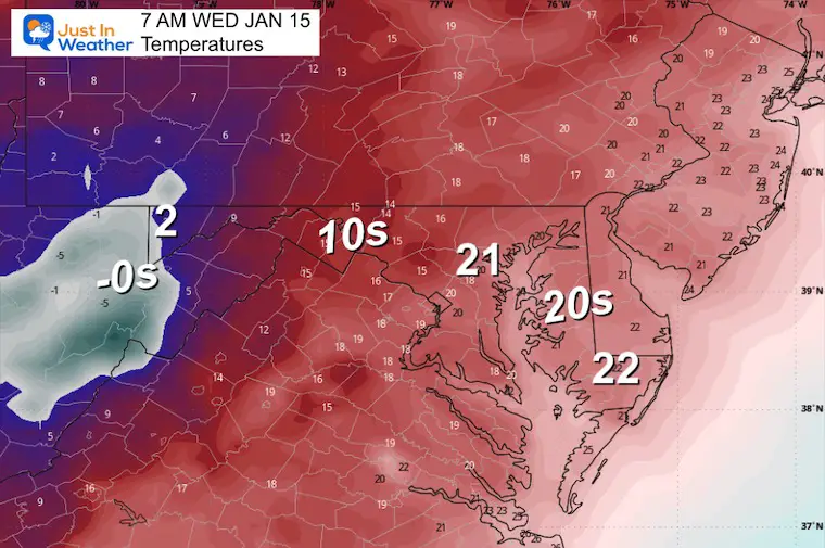 January 14 weather temperatures Wednesday morning