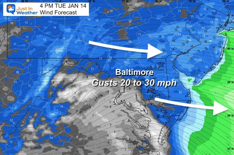 January 14 wind forecast Tuesday afternoon