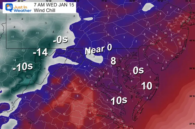 January 14 weather wind chill Wednesday morning