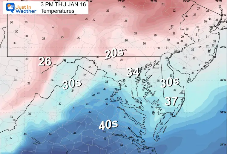 January 15 weather temperatures Thursday afternoon