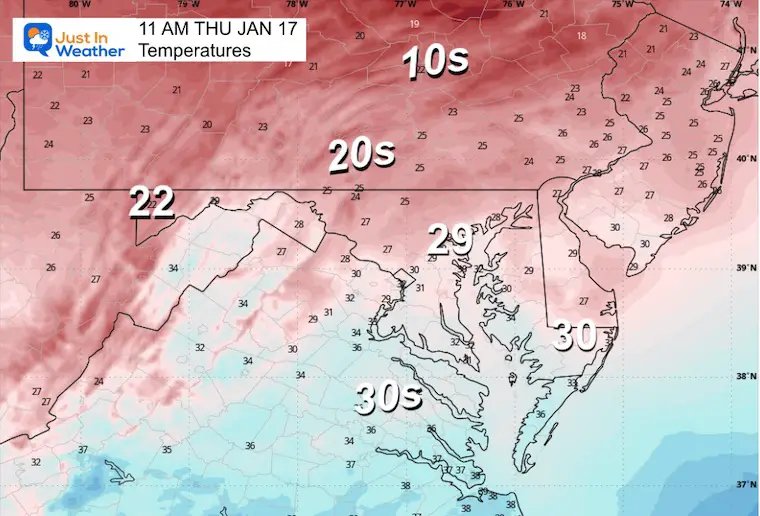 January 15 weather temperatures Thursday morning