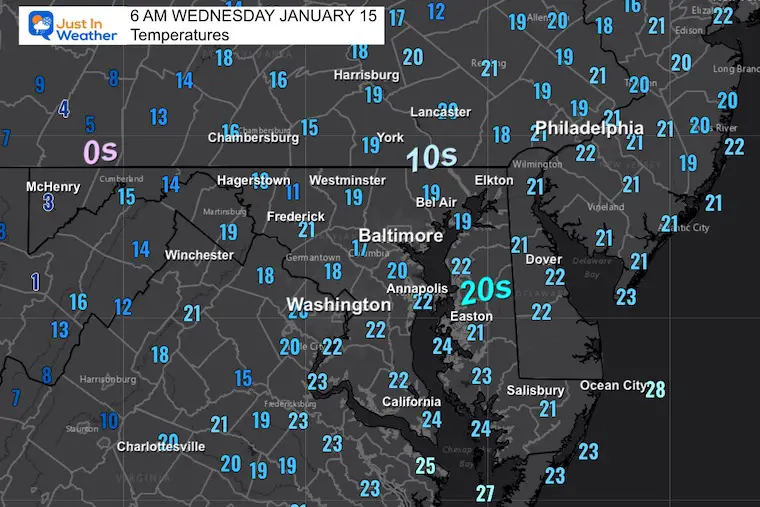 January 15 weather temperatures Wednesday morning