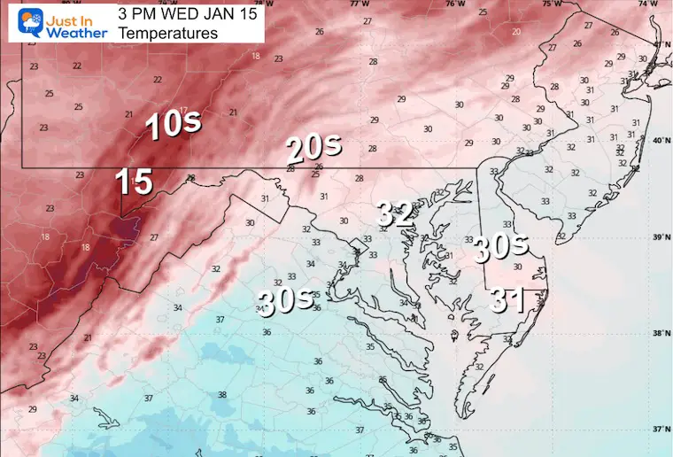 January 15 weather temperatures Wednesday afternoon