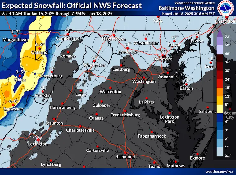 January 16 weather snow forecast NWS