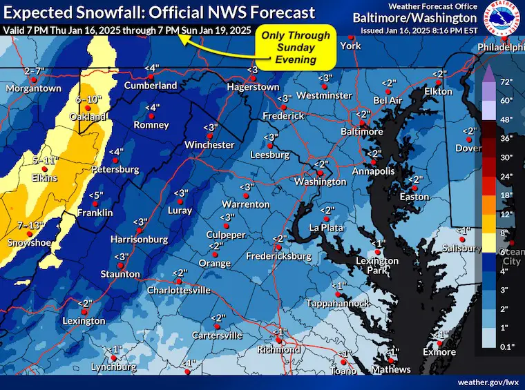 January 16 weather Sunday snow forecast NWS