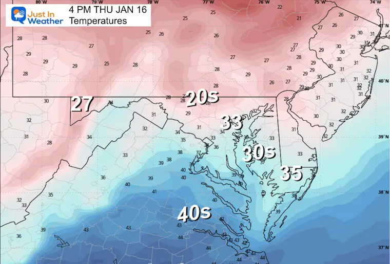 January 16 weather temperatures Thursday afternoon