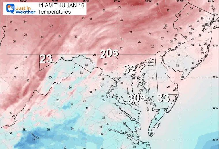 January 16 weather temperatures Thursday late morning