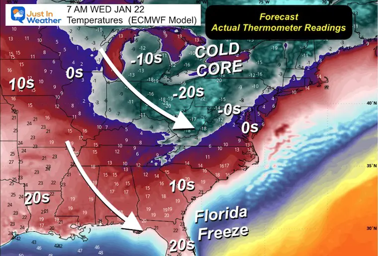 January 16 weather temperatures Wednesday morning Eastern US