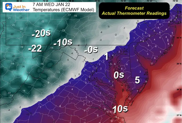 January 16 weather temperatures Wednesday morning